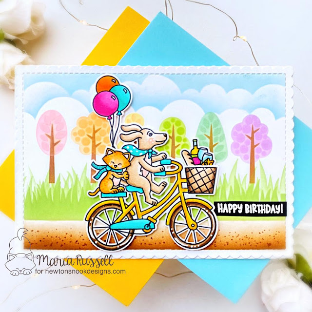 Bicycle Card with dog and cat by Maria Russell | Cycling Friends Stamp Set, Clouds Stencil, Hills & Grass Stencil, A7Frames & Banners Die Set and Tree Line Stencil by Newton's Nook Designs