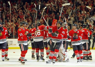 The Chicago Blackhawks celebrating the Stanley Cup Victory