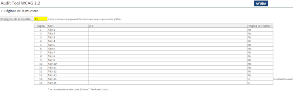 Pantallazo de la segunda hoja de la excel Páginas de la muestra. Permite introducir los datos que se van a enumerar a continuación