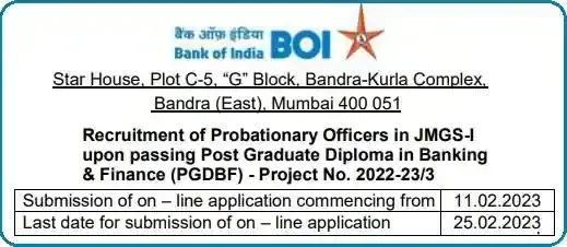 Bank of India Probationary Officer by PGDBF Recruitment 2023