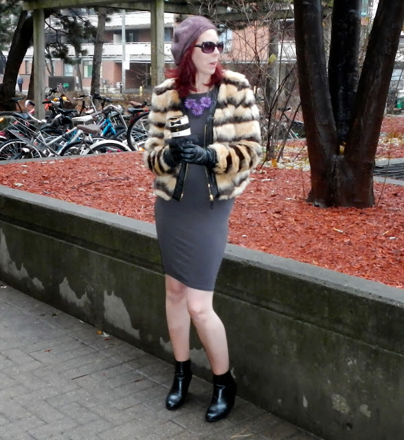 Travis Taddeo Dress, Forever 21 Faux fur Coat, Alice+Olivia Starbucks mug fashion style The Hudson Bay boots, Suzy Sheir statement purple necklace, H&M Sunglasses Parkhurst beret