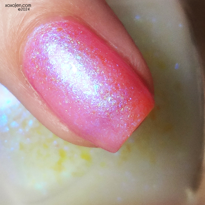 xoxoJen's swatch of Drunk Fairy Flaminglow topped with Glowing Crystal Forest