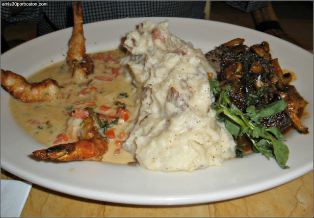 Shrimp Scampi & Steak Diane: Medallions of Certified Angus Beef Steak Covered with Black Peppercorns and a Rich Mushroom Wine Sauce. Served with Mashed Potatoes and Grilled Onions