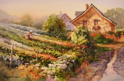 Country Garden - watercolor painting by Roland Lee of a European Garden