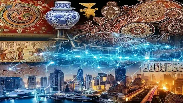صورة مركبة تظهر رموزًا ثقافية متنوعة من مختلف أنحاء العالم تتداخل مع شبكة رقمية ترمز للعولمة، مما يعكس تأثير العولمة على الهوية الثقافية.
