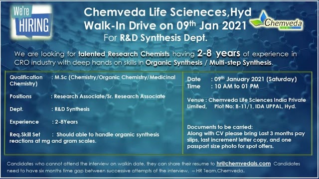 Chemveda Lifesciences | Walk-in for R&D Synthesis on 9tj Jan 2021