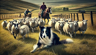 A Border Collie intensely focused on herding, using its unique 'herding eye' to control the movement of a group of sheep in a field