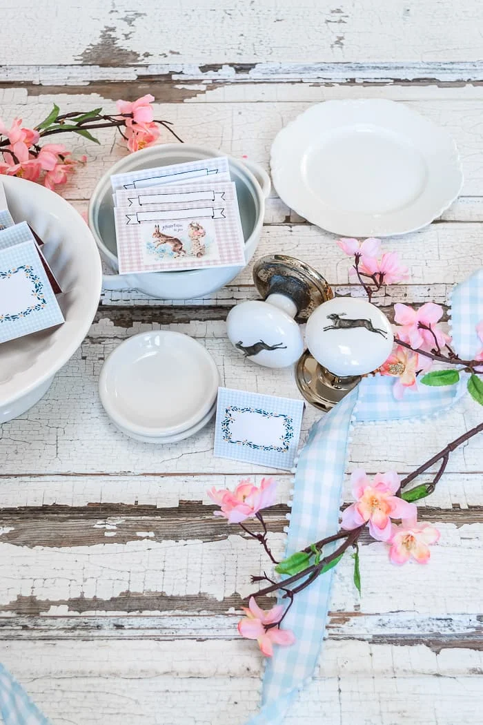 Easter place cards stacked in ironstone bowl, vintage rabbits, ironstone, cherry blossoms