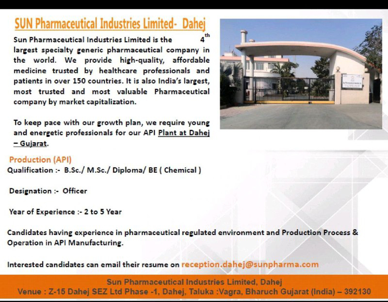Job Availables,Sun  Pharmaceutical Industries Limited Job Vacancy For BE Chemical/ BSc/ MSc