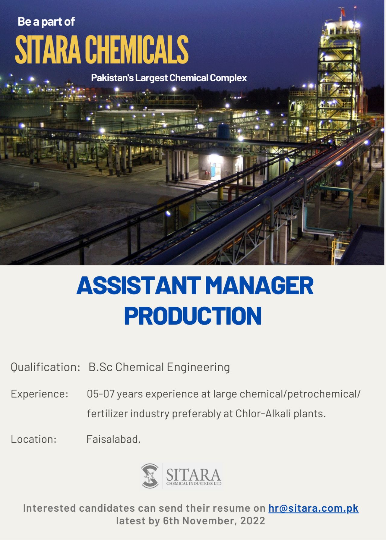 Sitara Chemical Industries Limited Jobs for Assistant Manager Production