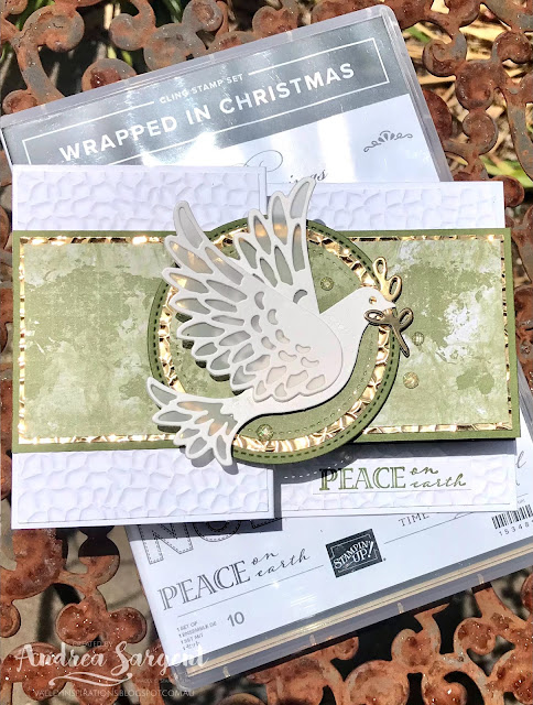 Mossy Meadow Dove of Hope and Wrapped in Christmas with Christmas Gleaming DSP Stampin Up card, Andrea Sargent, Independent Stampin' Up! Demonstrator, Valley Inspirations, Adelaide foothills, South Australia