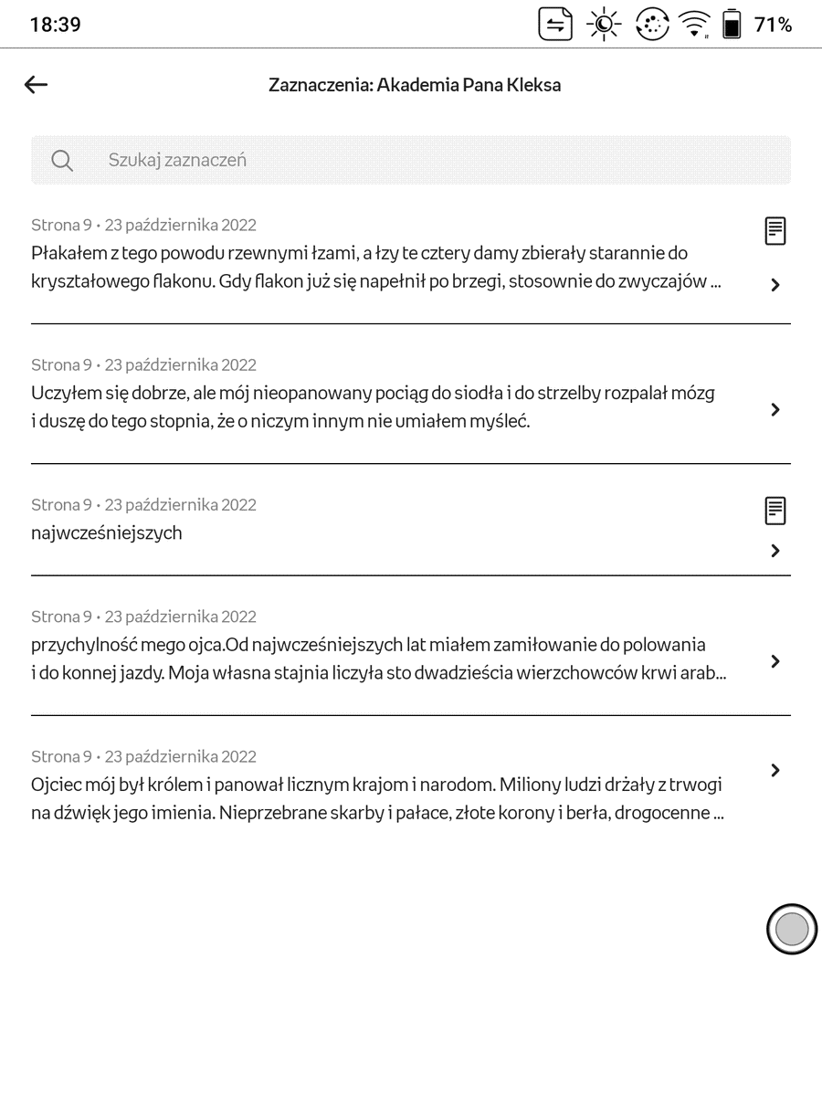 Lista dodanych zaznaczeń tekstu w aplikacji Kindle na Onyx Boox Nova Air