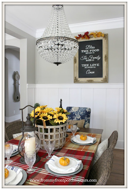 French Farmhouse Style Fall Dining Room-Pottery Barn-Mia Chandlier-Board and Batten Wainscotting-Basket of Sunflowers-From My Front Porch To Yours