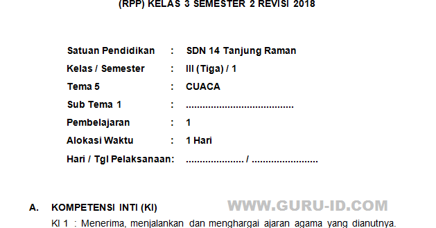 RPP Kelas 3 Semester 2 Tema 5 Cuaca Revisi 2019 Subtema 1 