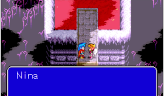 After RYU beats the boss here  you see the word "Nina" name of the woman here and also you see red style of like 1800 centry Royal castle style here on top part of the building with a gray steps going down as well here plus like monster style of design around this