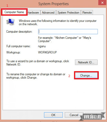 Lalu klik tab Computer Name > Change