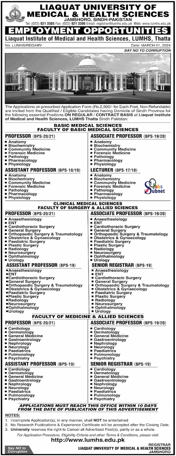 Liaquat University Of Medical & Health Sciences New Jobs 2024