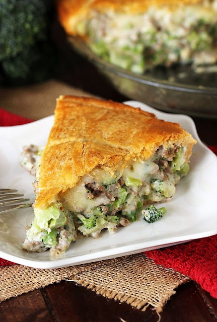 Slice of Ground Beef Broccoli Pie with Crescent Roll Crust Image