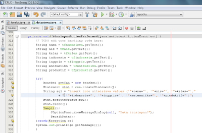 menulis kode program pada button simpan, belajar memasukan data pada java dengan netbeans