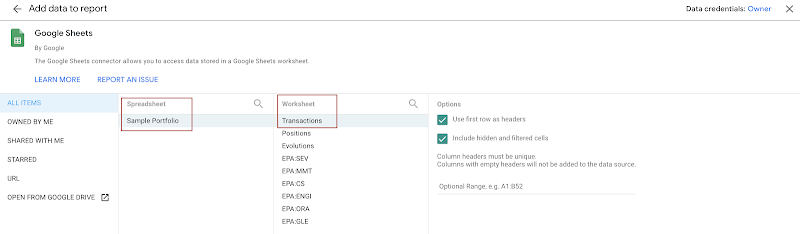 How to connect Google Data Studio data source to Google Sheets