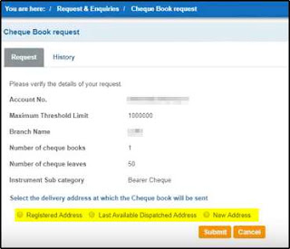 enter address for sbi chequebook