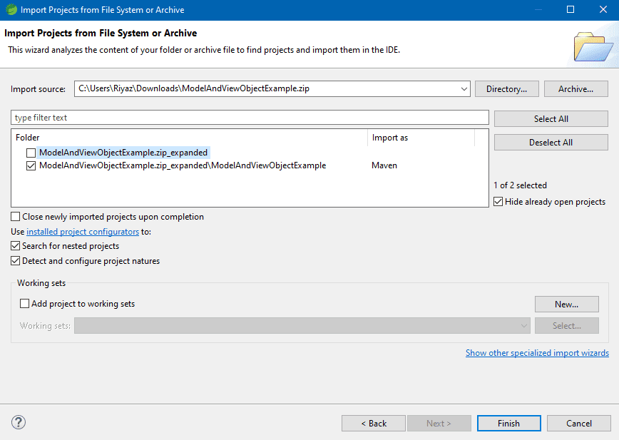 the ModelAndViewObjectExample.zip expanded checkbox is not required, therefore please leave it unchecked. select "finish" from the menu.