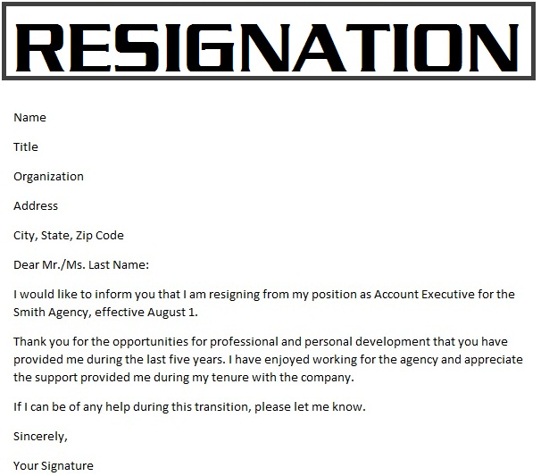 Samples of resignation letters