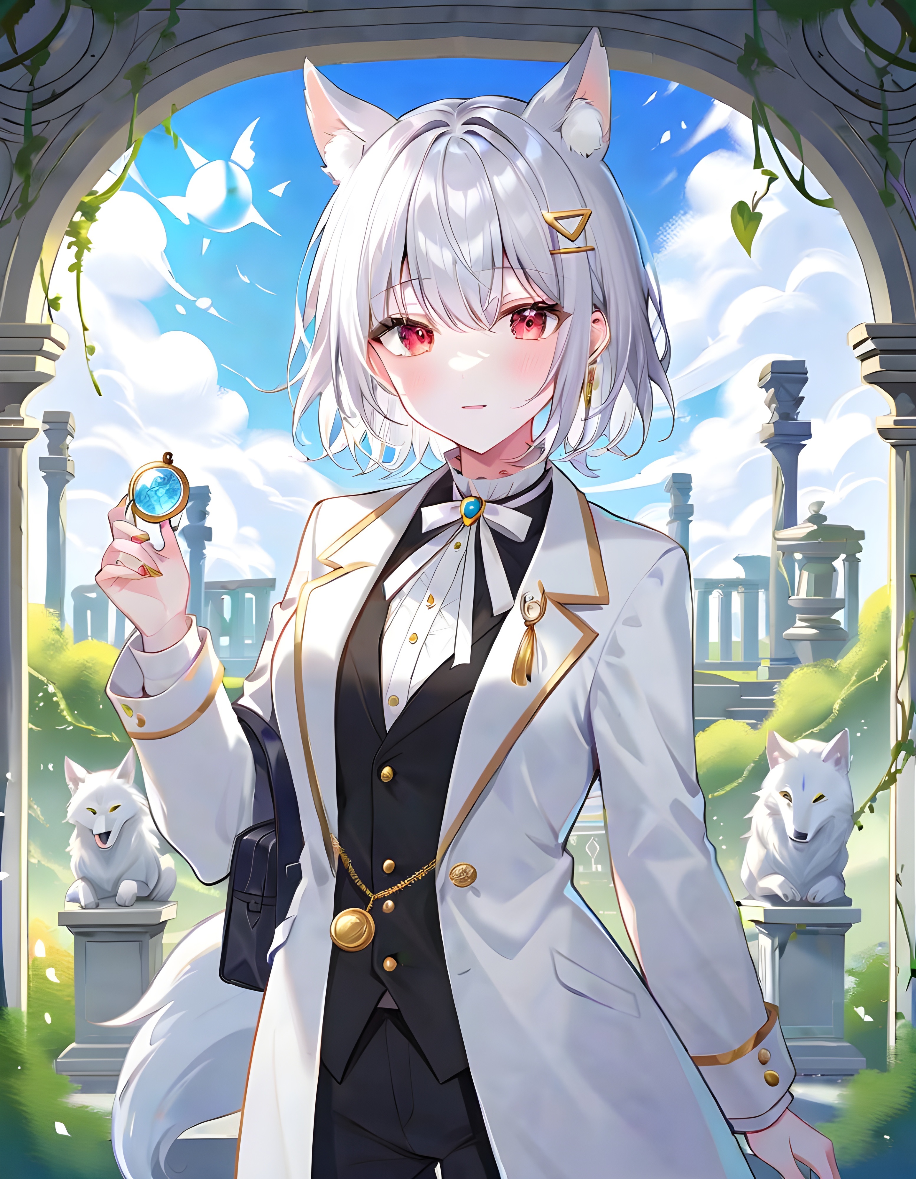 Anime Girl White Hair Neko Cat Wallpaper