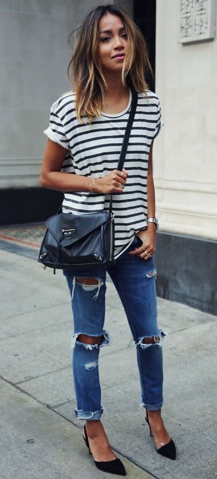 casual style perfection / bag + striped top + ripped jeans + black heels
