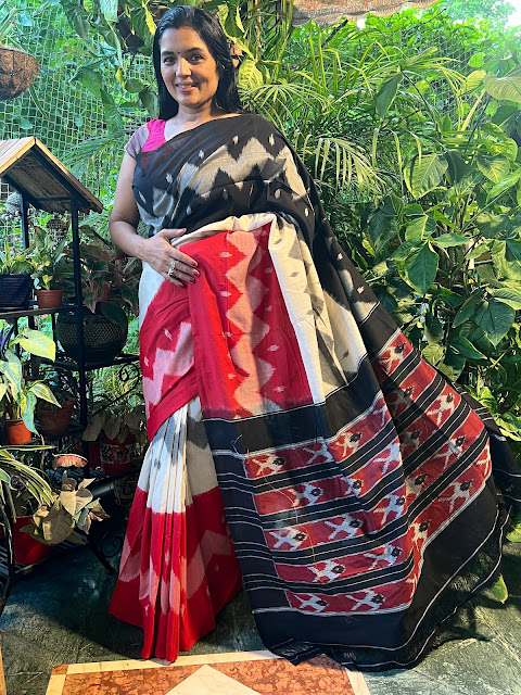 Pochampaly cotton ikat saree. 3 layers divided in 3 colours- red, white and black