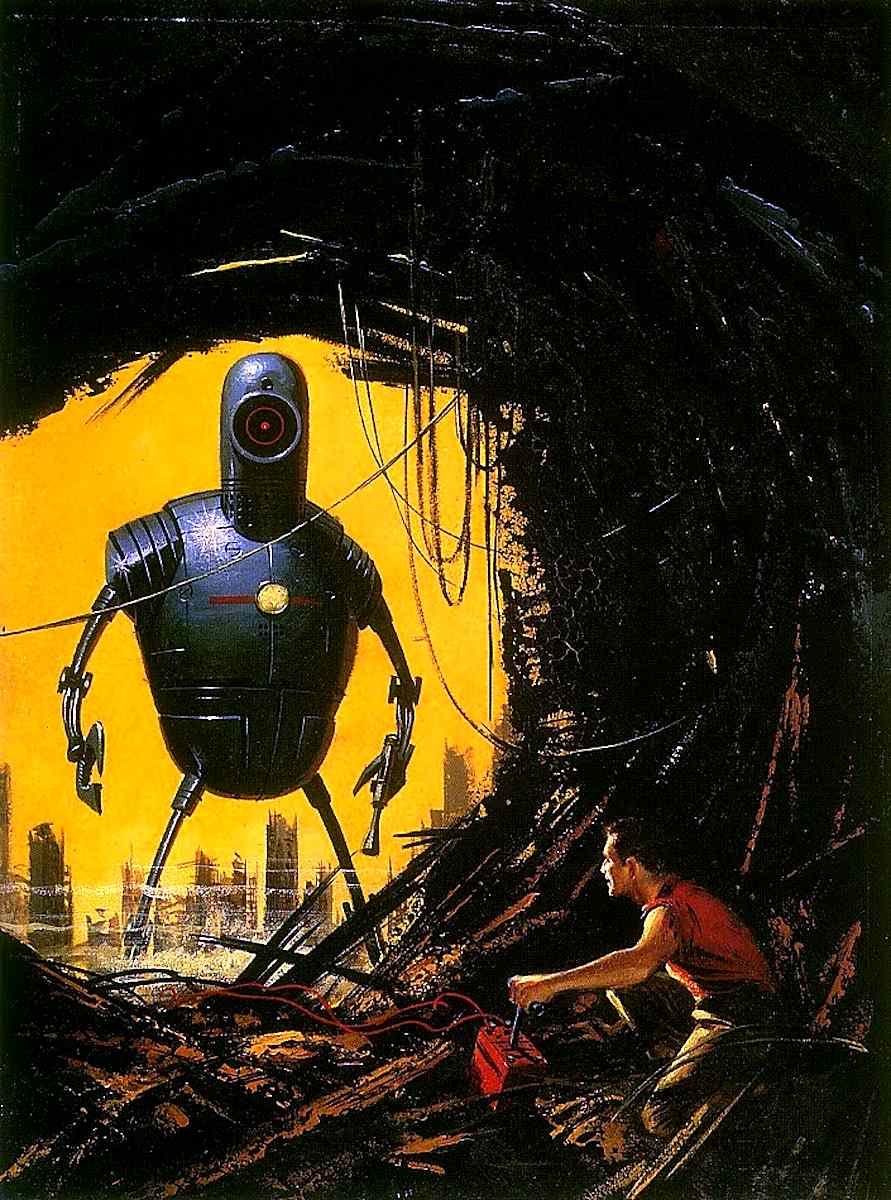 an Ed Valigursky illustration of a giant killer robot