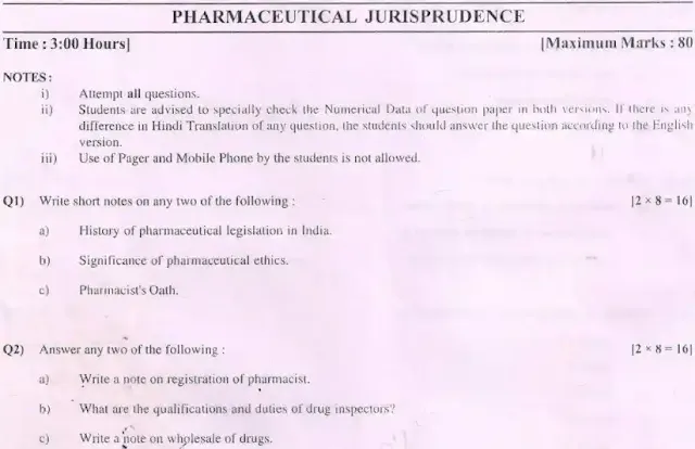 BTEUP Pharmaceutical Jurisprudence Paper 2022