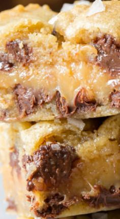 Amazing Salted Caramel Chocolate Chip Cookie Bars, with gooey caramel centers ~ This cookie bar recipe is so delicious, everyone will ask for the recipe - So irresistible
