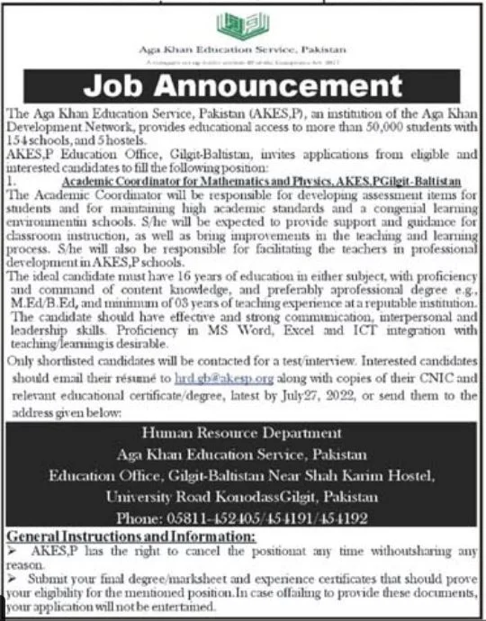 Aga Khan Education Service AKES Gilgit Jobs 2022 | Pal Jobs