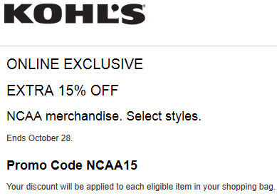 Kohls Coupon Extra 15% Off NCAA Merchandise 2015