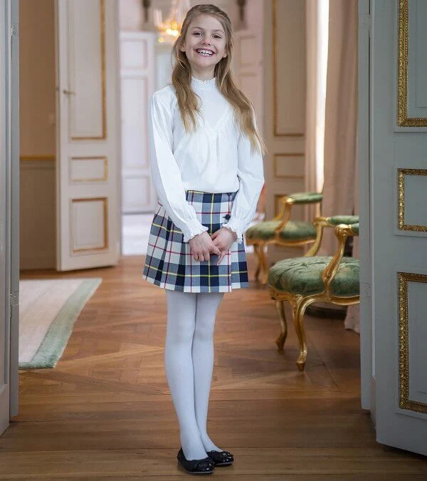 Princess Estelle wore a checked skirt from Bonpoint and shoes from jacadi. Crown Princess Victoria