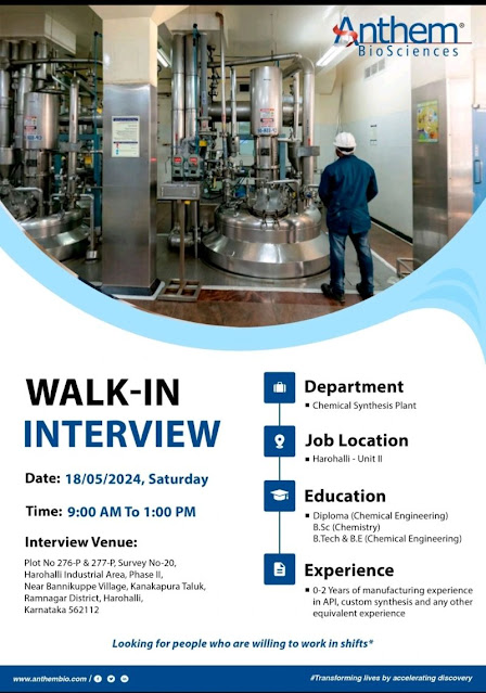 Anthem BioSciences Walk In Interview For Chemical Synthesis Plant