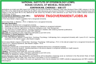 National Institute of Epidemiology - ICMR Chennai Recruitment of Scientist (Statistics) and Scientist (Social Science) Posts