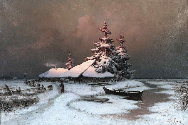 a Julius von Klever painting of a winter house and dock on a frozen stream, partially lit by sunlight