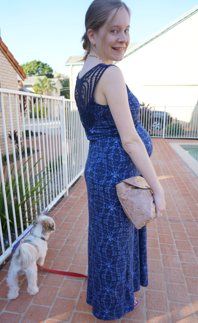third trimester pregnancy easter sunday church outfit blue crochet lace detail maxi dress