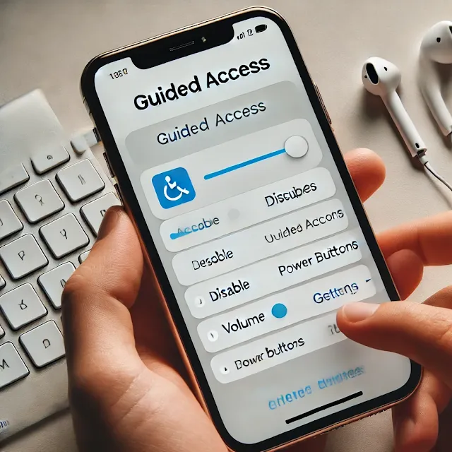 An iPhone screen showing the Accessibility settings menu with the Guided Access option highlighted. The image also displays step-by-step instructions to disable the volume and power buttons, ensuring uninterrupted gaming performance
