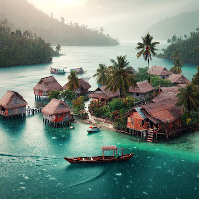 rainy day village on the tropic sea