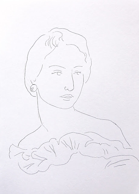 Woman in ruffled dress, line drawing by Sarah Myers