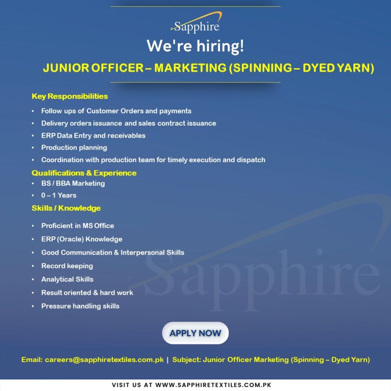 Sapphire Fibres Ltd Jobs For Head Office in Lahore!