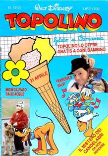 Topolino 1743 - 23 Aprile 1989 | ISSN 1120-611X | CBR 215 dpi | Settimanale | Fumetti Classici | Universo Disney
Numero volumi : IN CORSO
Topolino apparve in Italia il 30 marzo 1930, quando sul n.13 del settimanale torinese Illustrazione del Popolo, diretto da Lorenzo Gigli, fu pubblicata la prima striscia disegnata da Ub Iwerks e intitolata Le avventure di Topolino nella giungla. Due anni dopo si ha il primo libro illustrato italiano con le sue immagini: Sua Altezza Reale il Principe Codarello e, poco più tardi, il 31 dicembre 1932, esce il primo numero di Topolino in formato giornale, edito da Nerbini.
Sulla falsariga del celebre Corriere dei Piccoli, anche Topolino si presentava ai lettori con periodicità settimanale e si apriva con una breve storia in cui le didascalie sono scritte in rima e realizzata da Giove Toppi, che divenne quindi il primo autore Disney italiano. Sul settimanale della Nerbini, comunque, trovano spazio soprattutto le strisce e le tavole realizzate da Floyd Gottfredson. In queste storie vengono anche introdotte delle didascalie in rima, scritte dal primo direttore della rivista, Paolo Lorenzini (detto Collodi Nipote in quanto nipote di Carlo Collodi), e viene anche assegnato il nome definitivo alla spalla di Topolino, ovvero quel Pippo un po' lunatico e un po' svampito che sui libri della Salani veniva ancora chiamato Medoro.
Nerbini non si era assicurato correttamente i diritti di pubblicazione: quando aveva varato la sua rivista, infatti, si era rivolto al Consorzio Cinematografico E.I.A., il distributore dei cortometraggi di Topolino, quando in realtà i diritti per le riviste erano stati dati in mano al giornalista Guglielmo Emanuel dallo stesso Disney. Per cui, per un paio di numeri, la testata passò da Topolino a Topo Lino, per poi riprendere la nota testata con il n.7. Il Topolino Giornale era formato da otto pagine e non conteneva solo storie a fumetti Disney ma anche storie non-Disney che anzi erano di solito la maggioranza delle storie presenti in un numero.
Il numero 137 del Topolino Giornale, dell'11 agosto 1935, segna il passaggio di consegne da Nerbini alla Mondadori. Il fascismo, tuttavia, causò dei problemi al giornale. Dal 1938, il Min.Cul.Pop. (Ministero della Cultura Popolare) impone alla stampa di non editare più i protagonisti del fumetto popolare americano. Il solo Topolino è risparmiato, e così il suo logo e il suo personaggio possono continuare ad esistere nelle edicole italiane, ma in piena seconda guerra mondiale, a partire dal n.476 del 27 gennaio 1942, anche il settimanale è costretto a cedere alle restrizioni. Lo sostituisce Tuffolino, un ragazzetto dalle medesime caratteristiche fisiche, disegnato dal grande illustratore Pierlorenzo De Vita. Con la fine del fascismo, le avventure di Topolino poterono di nuovo essere pubblicate.
Alla fine degli anni quaranta, però, i giornali a fumetti che pubblicavano storie a puntate di non più di due tavole ad episodio erano irrimediabilmente in crisi, e così lo stesso Topolino, le cui vendite erano di gran lunga calate rispetto al periodo d'oro. Mondadori, però, non poteva rinunciare alla rivista da edicola per non perdere i ricchi diritti delle pubblicazioni da libreria, così decise un doloroso ma necessario cambio di formato e periodicità. Nel 1949 nasce così il periodico a fumetti Topolino formato libretto, all'inizio con cadenza mensile, quindi quindicinale e, infine, settimanale, fino a giungere a oggi al suo sessantesimo anniversario e con oltre 3000 numeri usciti, ricchi di storie tra le più famose, con autori da Carl Barks a Romano Scarpa, da Floyd Gottfredson a Giovan Battista Carpi e così via.