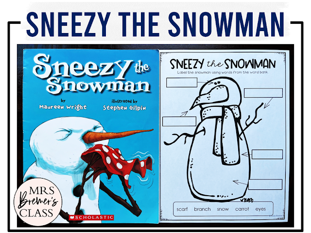 Sneezy the Snowman book activities unit with literacy printables, reading companion activities, lesson ideas, and a craft for winter in Kindergarten and First Grade