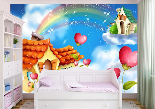 Rainbow wall mural 3d room wallpaper rainbow murals for walls 3d fairy tale girls room baby cartoon clouds heart house