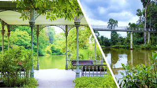 Photographs - Singapore Botanic Gardens. 1. Cast iron pavilion at Swam Lake  2. Learning forest