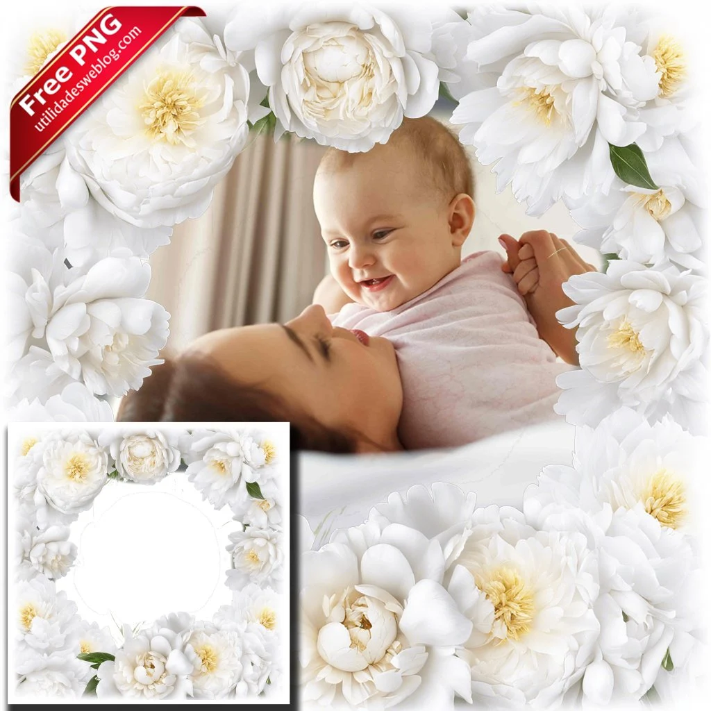 marco para fotos con flores de peonias blancas en png con fondo transparente para descargar gratis