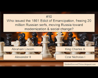 Who issued the 1861 Edict of Emancipation, freeing 20 million Russian serfs, moving Russia toward modernization & social change? Answer choices include: Abraham Lincoln, King Charles X, Alexander II, Czar Nicholas I